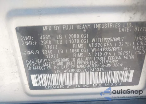 2012 Subaru Outback 2.5I Premium from USA, damaged, VIN 4S4BRBCC7C3249345